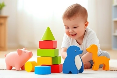 Toddler playing with safe, large animal-shaped building blocks in a bright playroom.